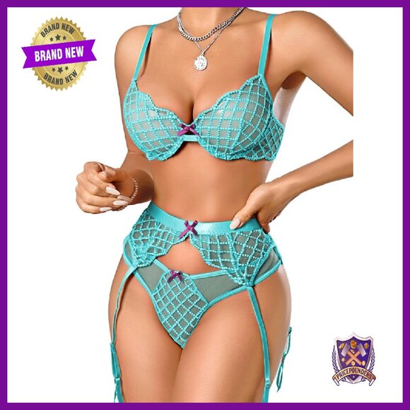 Sheer Lace Lingerie Set with Garter Belt Underwire Bra Adjustable Straps